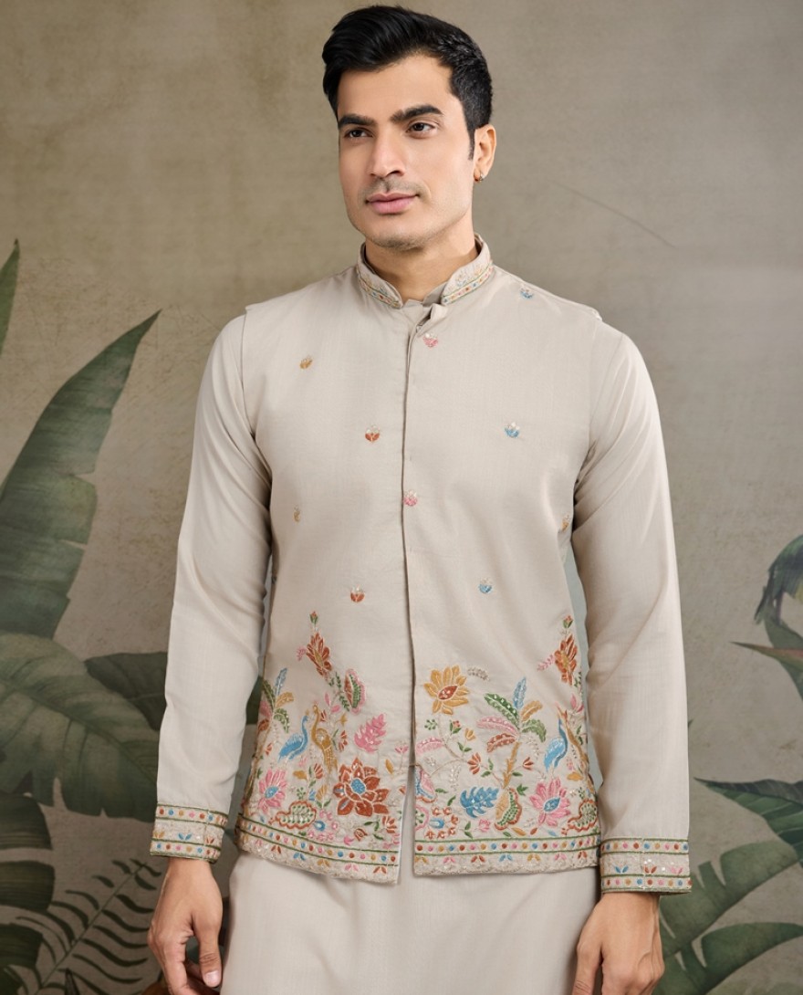 61236-ivory -  Stylish Ivory Men's Kurta Koti Set – Elegant & Trendy